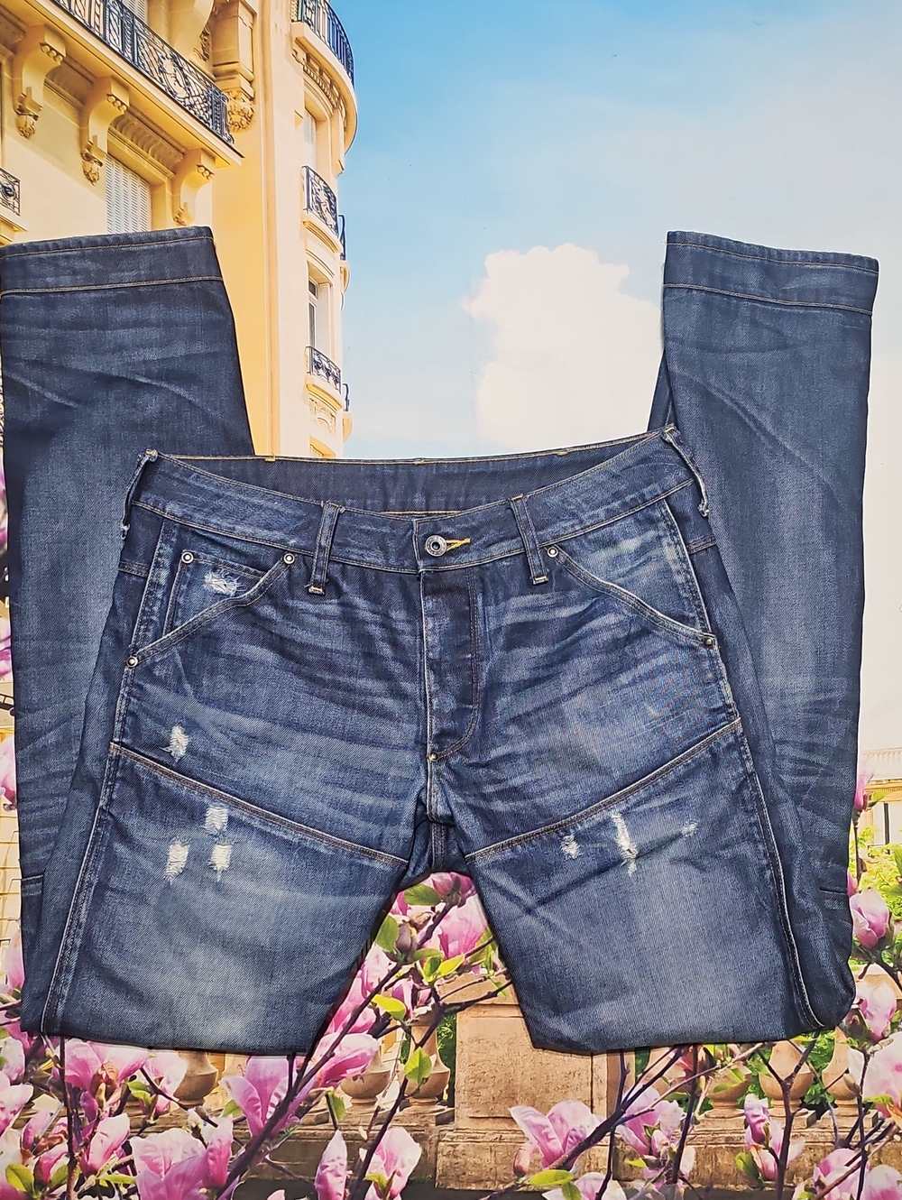 G-Star Button Fly Distressed Slim Straight Blue Washed Denim Jeans Size 31x34